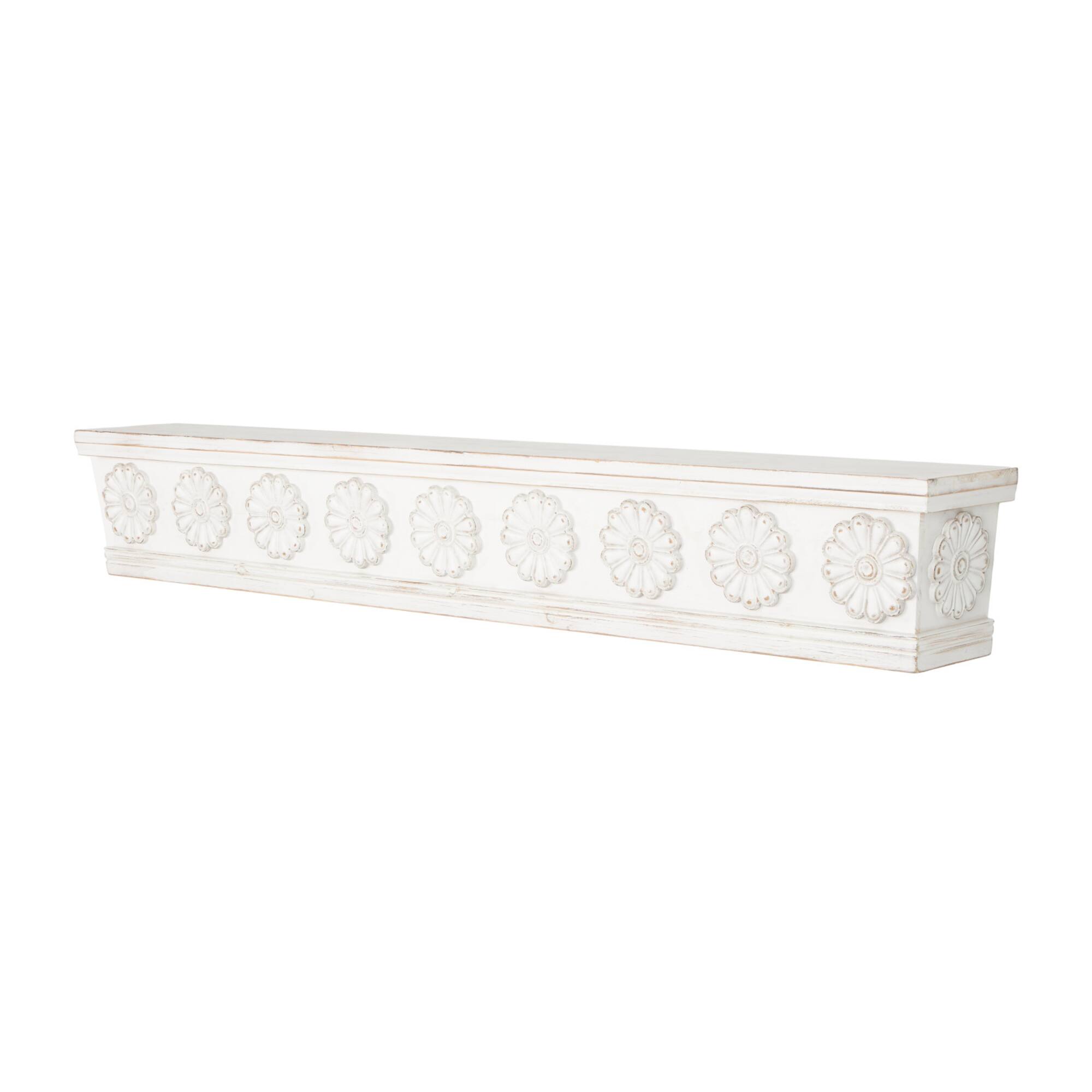 White Wooden Floral Room Wall Shelf with Brown Distressing
